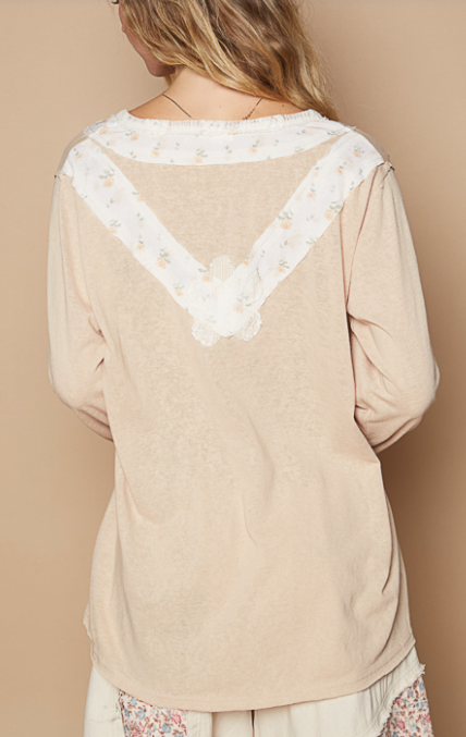 POL Patchwork Flower Beige Long Sleeve Oversized Top