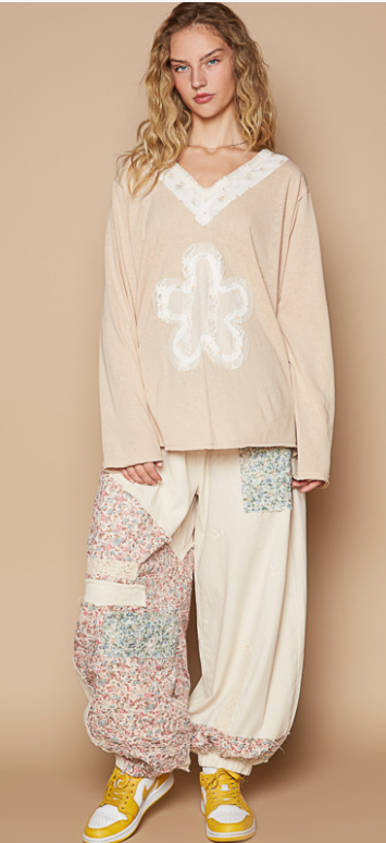 POL Patchwork Flower Beige Long Sleeve Oversized Top