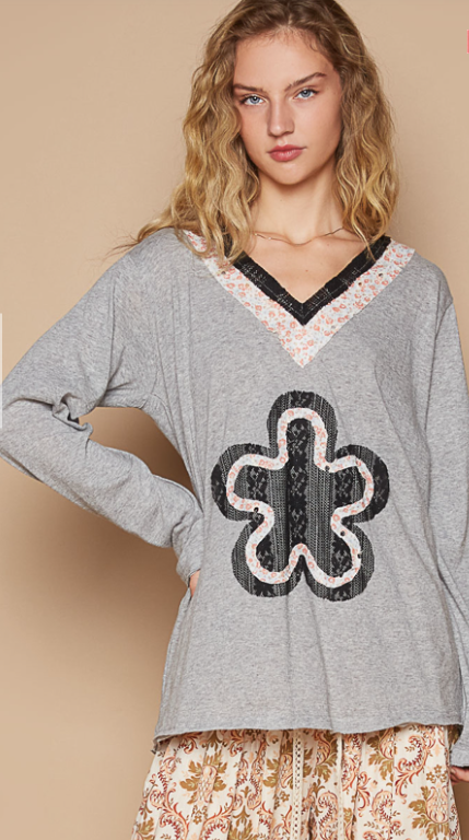 POL Patchwork Flower Gray Long Sleeve Oversized Top
