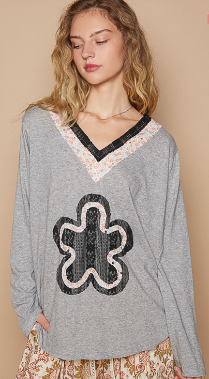 POL Patchwork Flower Gray Long Sleeve Oversized Top