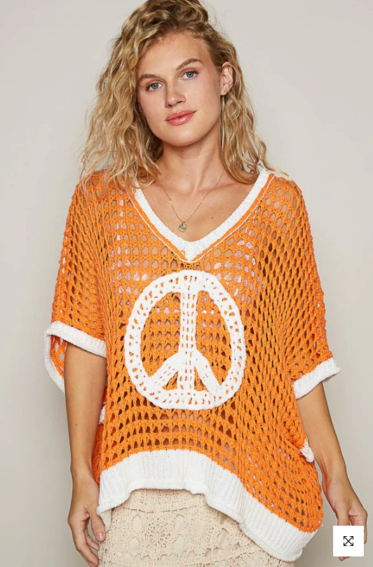 POL Open Crochet Orange Oversized Peace Sign Sweater