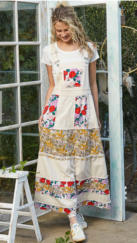 POL Overall Style Mixed Print Patchwork Oatmilk Maxi Dress Size