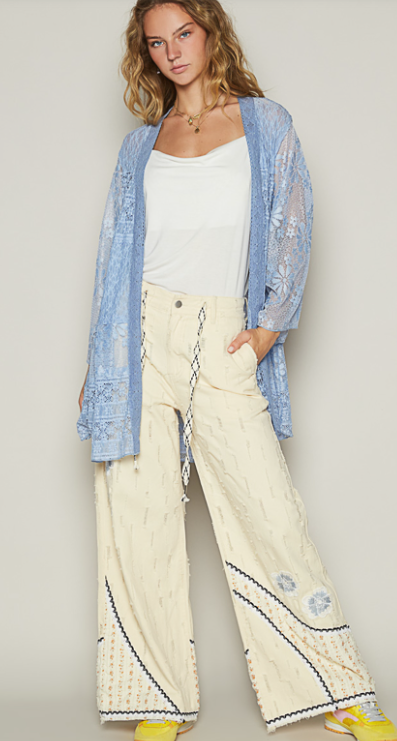 POL Duster Cardigan Women Size Blue Lace Cover Up Floral Crochet Kimono